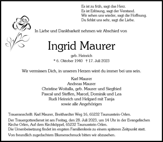 Traueranzeige von Ingrid Maurer von Wiesbadener Kurier