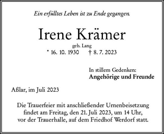 Traueranzeige von Irene Krämer von Wetzlarer Neue Zeitung