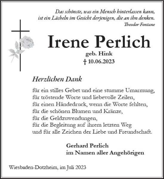 Traueranzeige von Irene Perlich von Wiesbadener Kurier