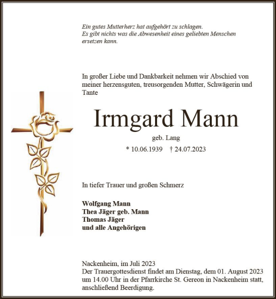 Traueranzeige von Irmgard Mann von Allgemeine Zeitung Mainz