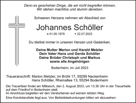 Traueranzeige von Johannes Schöller von Allgemeine Zeitung Mainz