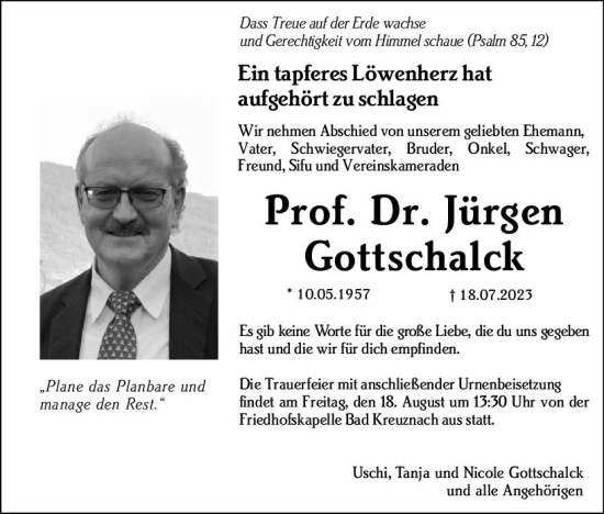 Traueranzeige von Jürgen Gottschalck von Allgemeine Zeitung Bad Kreuznach