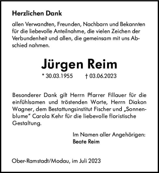 Traueranzeige von Jürgen Reim von Darmstädter Echo