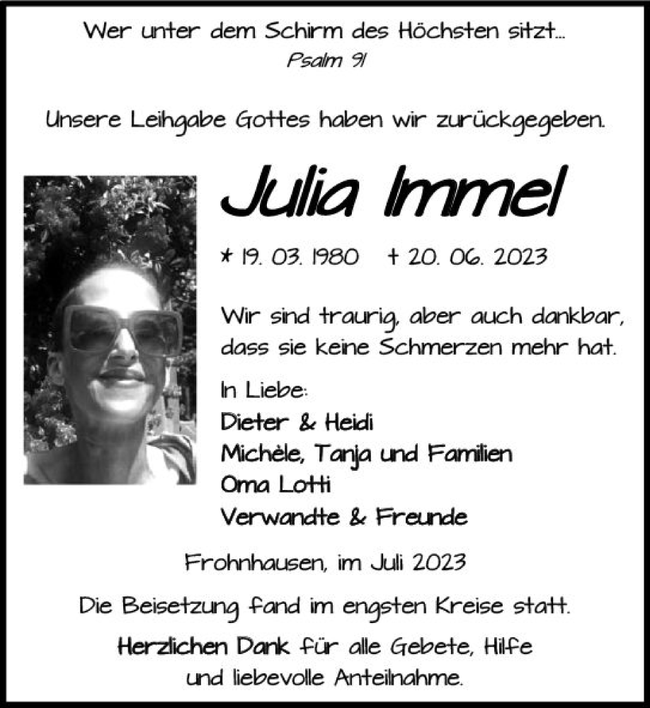  Traueranzeige für Julia Immel vom 17.07.2023 aus Dill Block