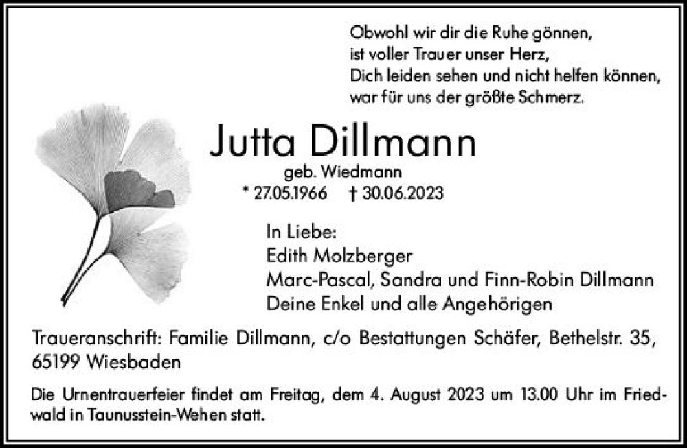  Traueranzeige für Jutta Dillmann vom 29.07.2023 aus Wiesbadener Kurier