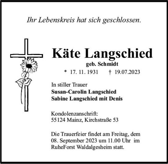 Traueranzeige von Käte Langschied von Allgemeine Zeitung Bingen/Ingelheim