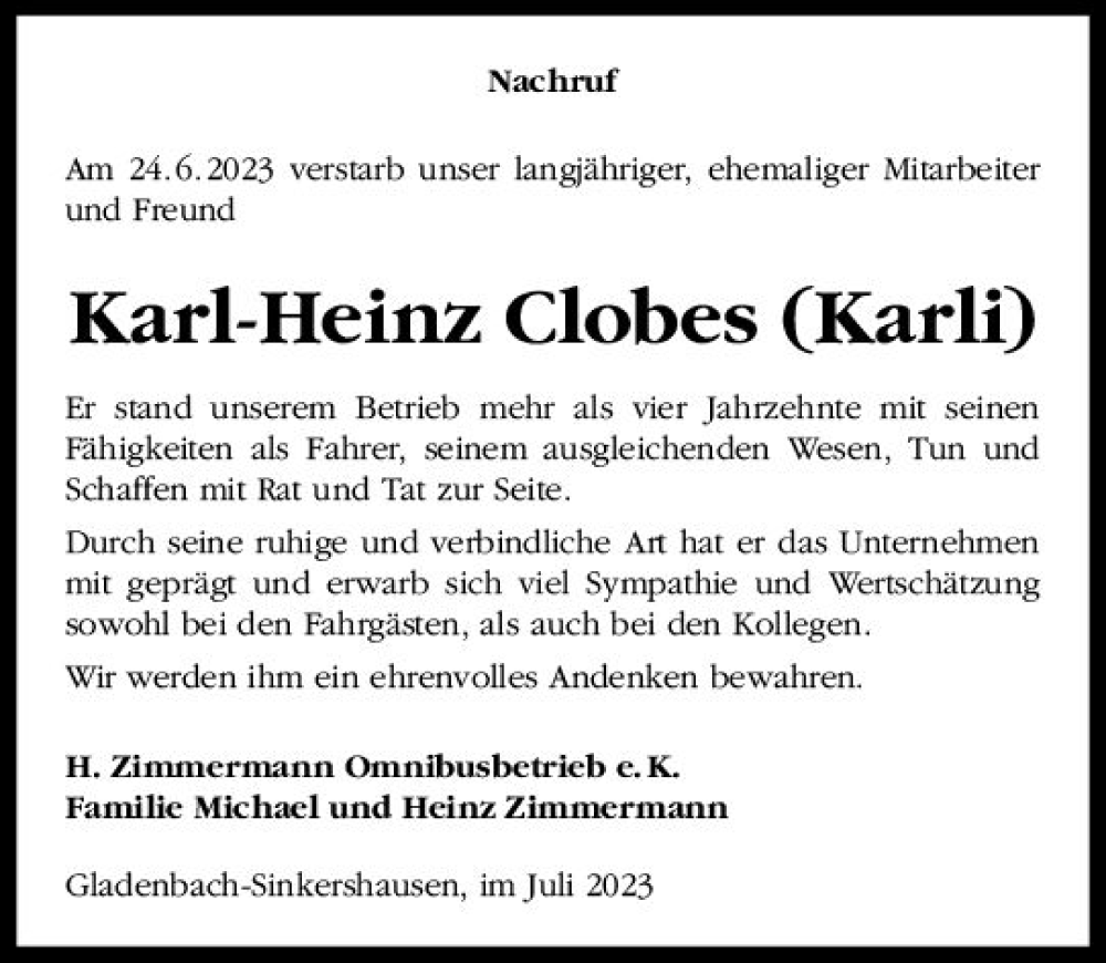 Traueranzeige für Karl-Heinz Clobes vom 13.07.2023 aus Hinterländer Anzeiger