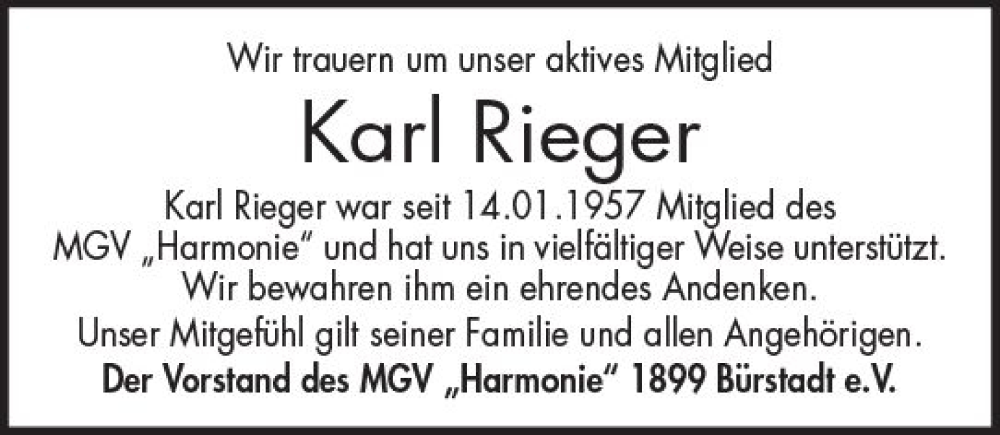  Traueranzeige für Karl Rieger vom 26.07.2023 aus Starkenburger Echo