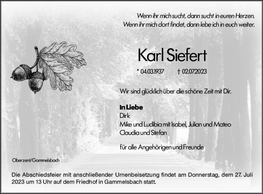  Traueranzeige für Karl Siefert vom 22.07.2023 aus Odenwälder Echo