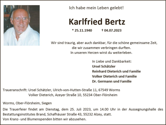 Traueranzeige von Karlfried Bertz von Allgemeine Zeitung Alzey