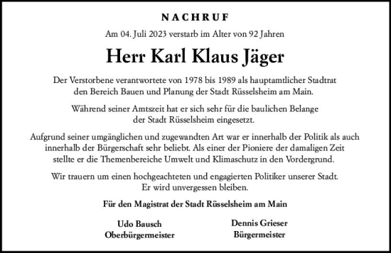Traueranzeige von Karl Klaus Jäger von Rüsselsheimer Echo