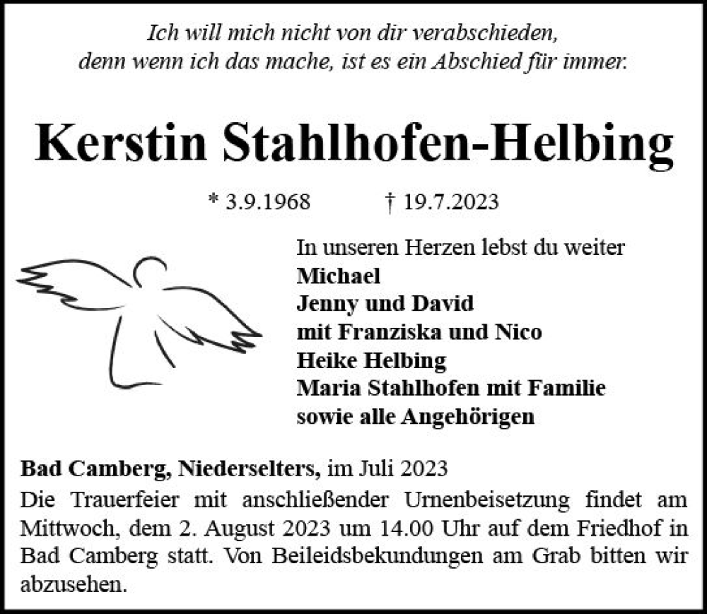 Traueranzeige für Kerstin Stahlhofen-Helbing vom 27.07.2023 aus Camberger Anzeiger