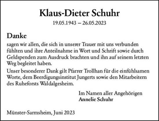 Traueranzeige von Klaus-Dieter Schuhr von Bingen/Ingelheim WOBL inkl. Neue Binger Ztg.