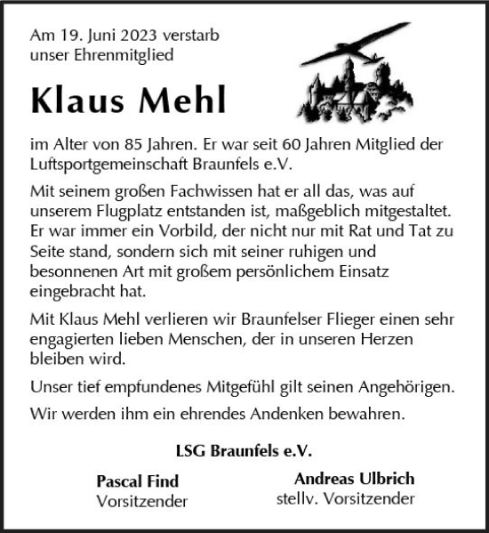Traueranzeige von Klaus Mehl von Wetzlarer Neue Zeitung