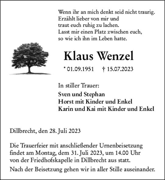Traueranzeige von Klaus Wenzel von Dill Block