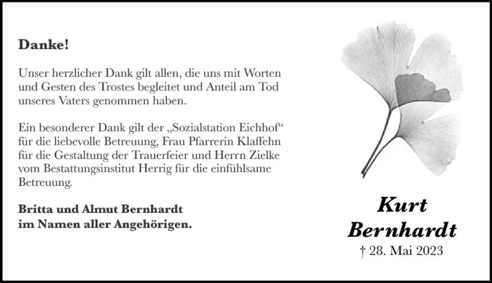  Traueranzeige für Kurt Bernhardt vom 08.07.2023 aus Oberhessen Kurier