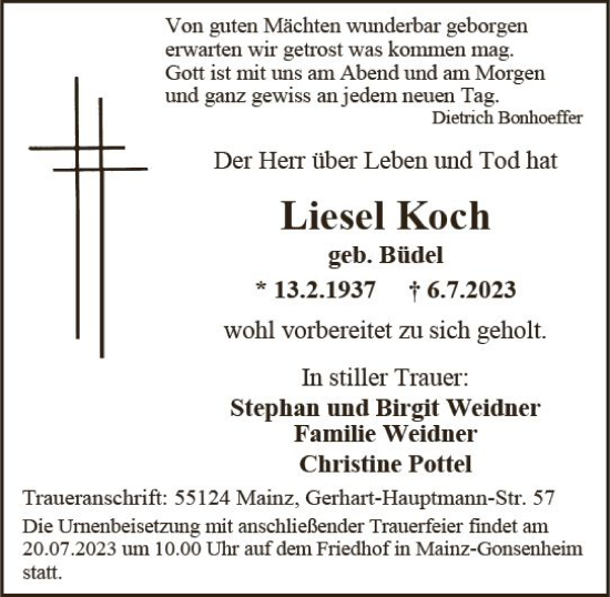 Traueranzeige von Liesel Koch von Allgemeine Zeitung Mainz