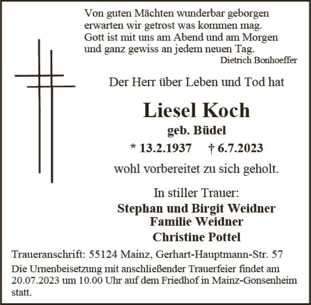  Traueranzeige für Liesel Koch vom 15.07.2023 aus Allgemeine Zeitung Mainz