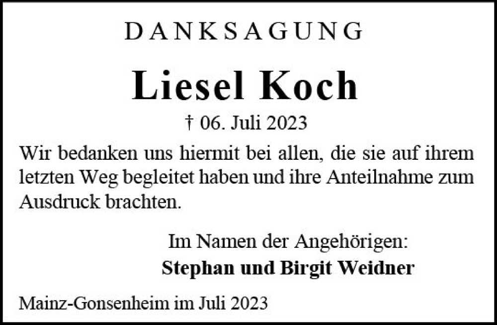 Traueranzeige für Liesel Koch vom 29.07.2023 aus Allgemeine Zeitung Mainz