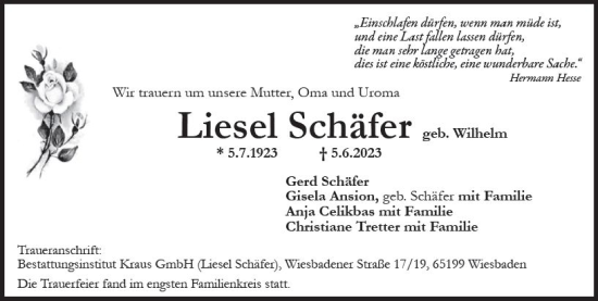 Traueranzeige von Liesel Schäfer von Wiesbadener Kurier