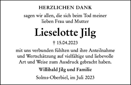 Traueranzeige von Lieselotte Jilg von Wetzlarer Neue Zeitung