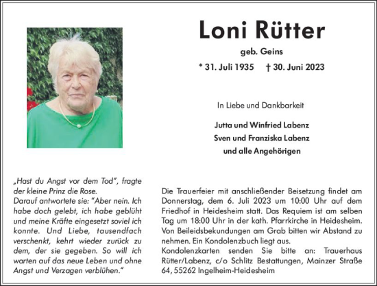 Traueranzeige von Loni Rütter von Allgemeine Zeitung Bingen/Ingelheim