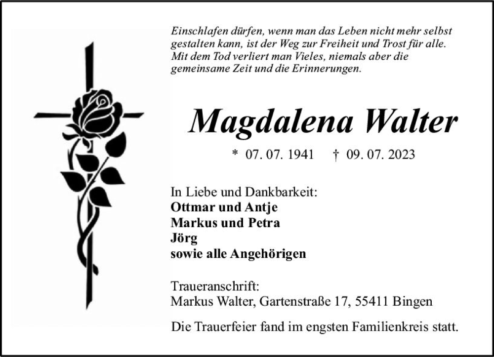  Traueranzeige für Magdalena Walter vom 22.07.2023 aus Allgemeine Zeitung Bingen/Ingelheim