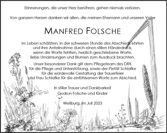 Traueranzeige von Manfred Folsche von Weilburger Tageblatt