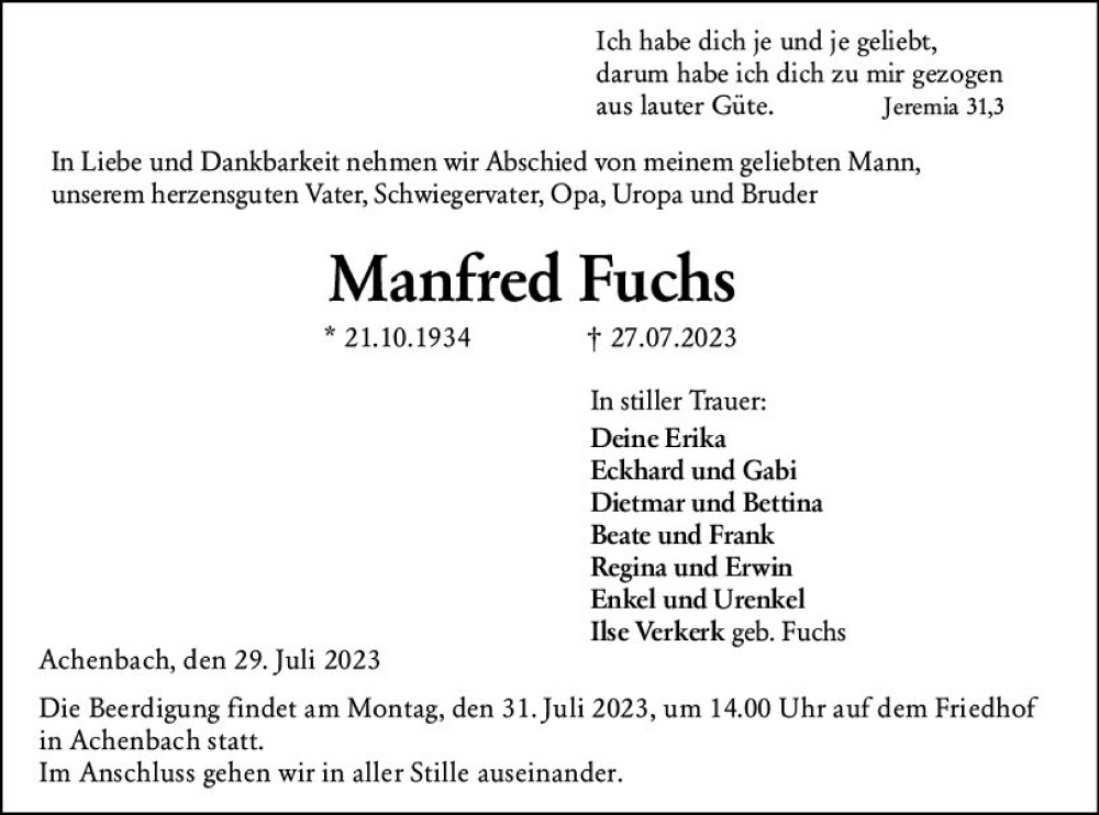  Traueranzeige für Manfred Fuchs vom 29.07.2023 aus Hinterländer Anzeiger