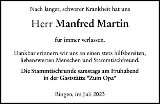 Traueranzeige von Manfred Martin von Allgemeine Zeitung Bingen/Ingelheim
