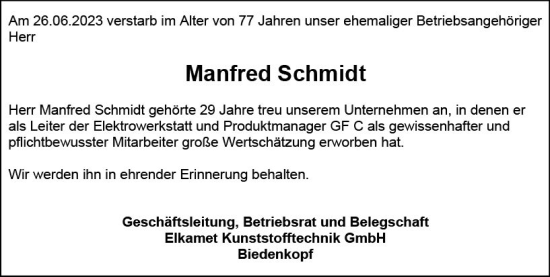Traueranzeige von Manfred Schmidt von Hinterländer Anzeiger