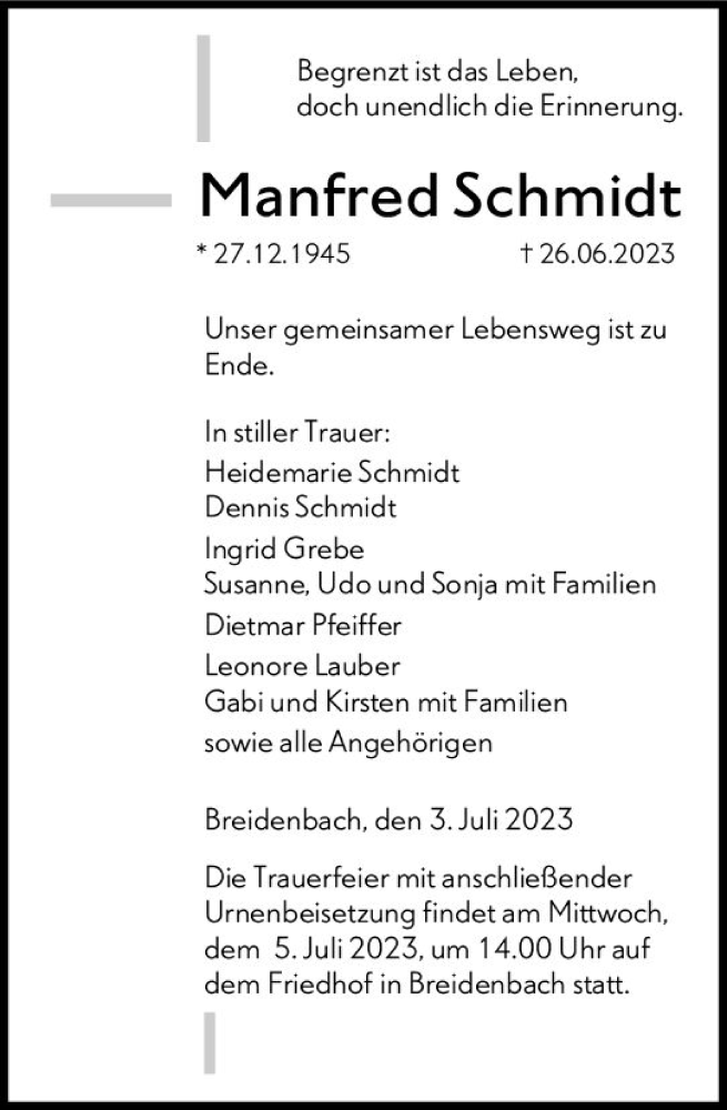  Traueranzeige für Manfred Schmidt vom 03.07.2023 aus Hinterländer Anzeiger