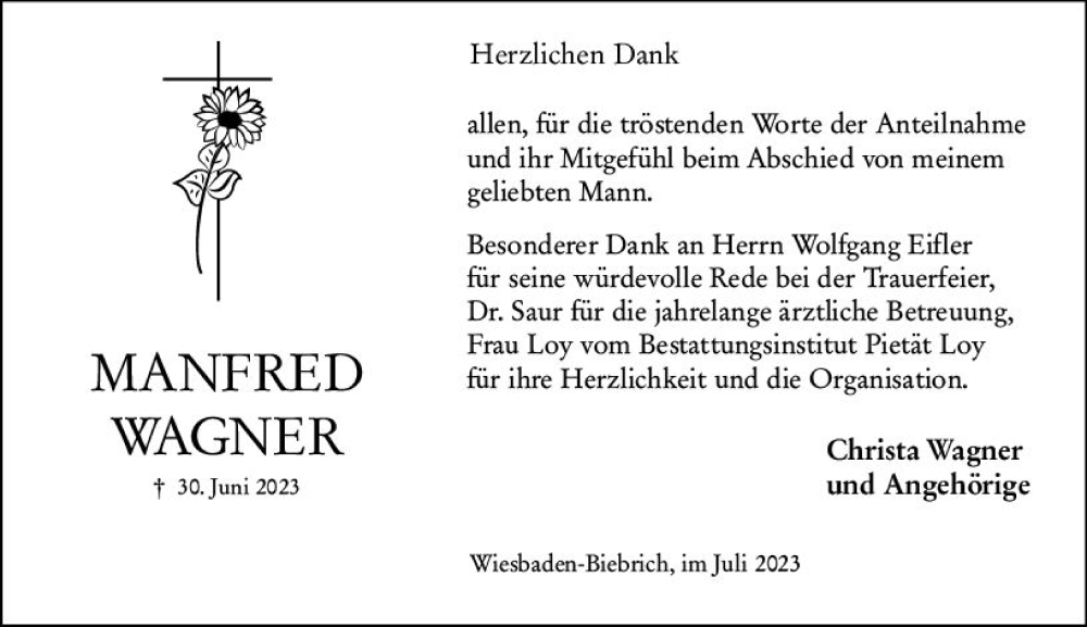  Traueranzeige für Manfred Wagner vom 22.07.2023 aus Wiesbadener Kurier