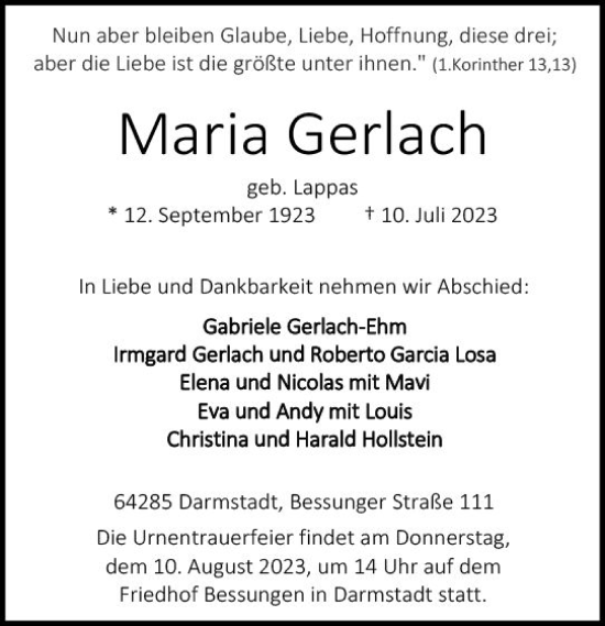 Traueranzeige von Maria Gerlach von Darmstädter Echo