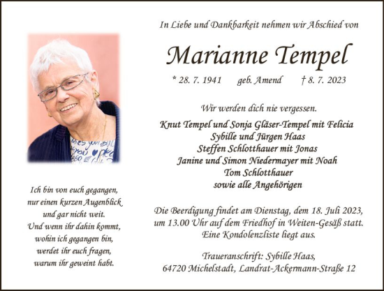 Traueranzeige von Marianne Tempel von Odenwälder Echo