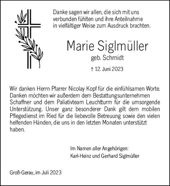 Traueranzeige von Marie Siglmüller von Groß-Gerauer Echo