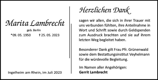 Traueranzeige von Marita Lambrecht von Allgemeine Zeitung Bingen/Ingelheim