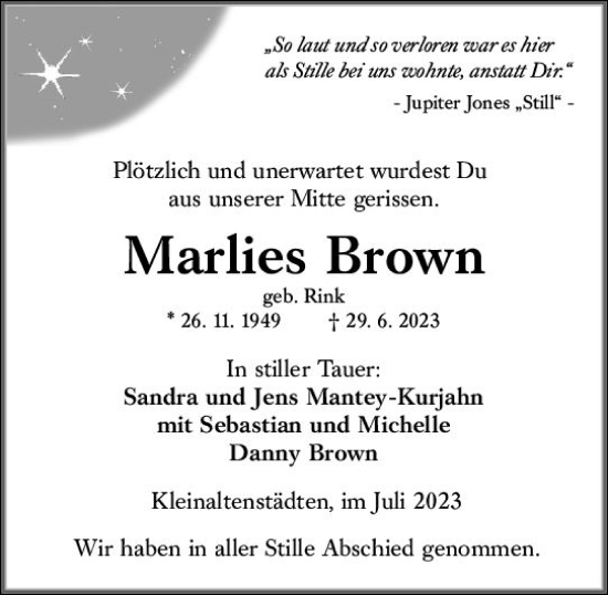 Traueranzeige von Marlies Brown von Wetzlarer Neue Zeitung