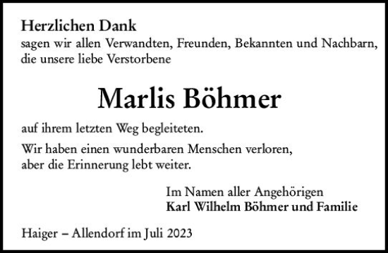Traueranzeige von Marlis Böhmer von Dill Block