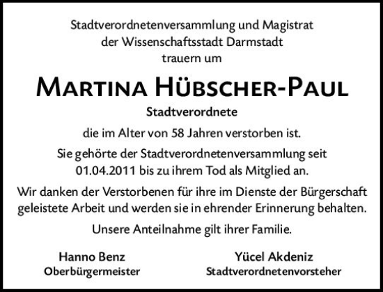Traueranzeige von Martina Hübscher-Paul von Darmstädter Echo
