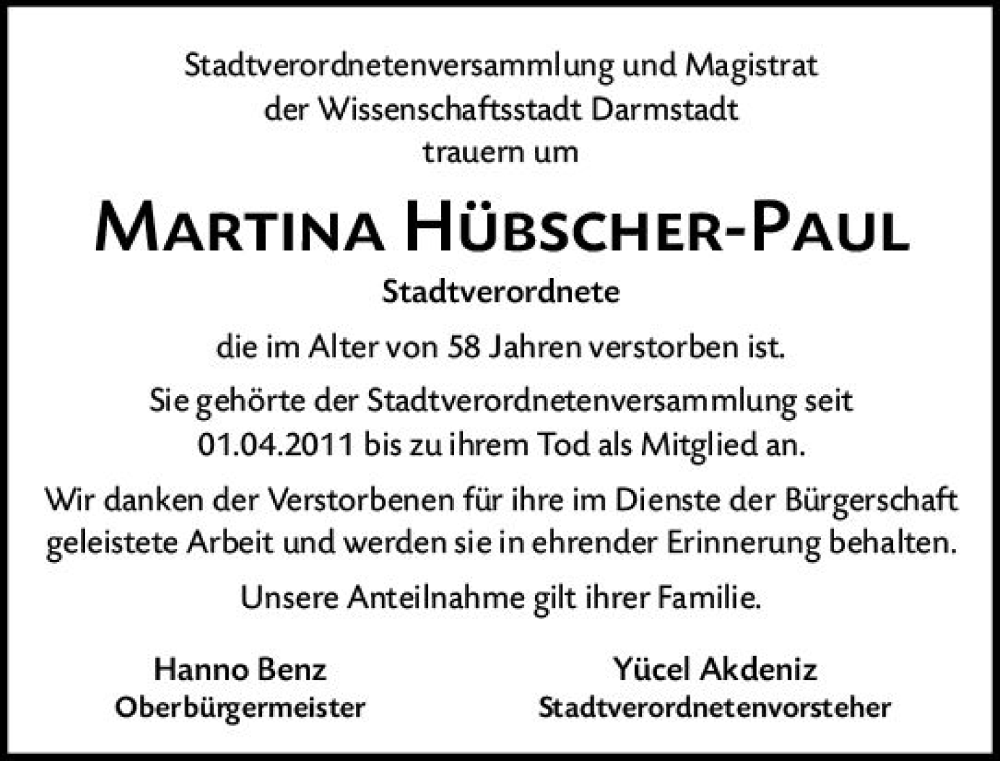  Traueranzeige für Martina Hübscher-Paul vom 15.07.2023 aus Darmstädter Echo