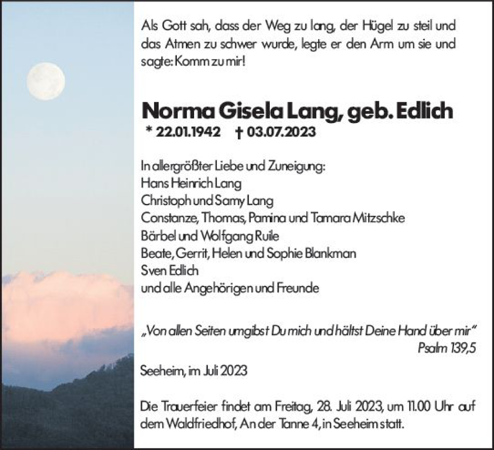 Traueranzeige für Norma Gisela Lang vom 15.07.2023 aus Darmstädter Echo