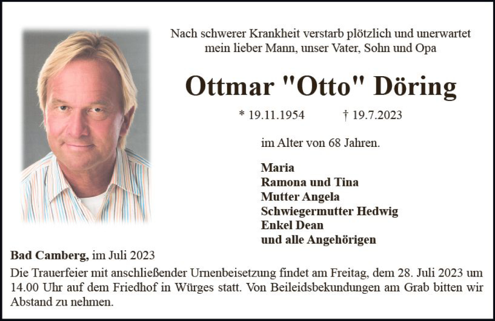  Traueranzeige für Ottmar  Döring vom 27.07.2023 aus Camberger Anzeiger