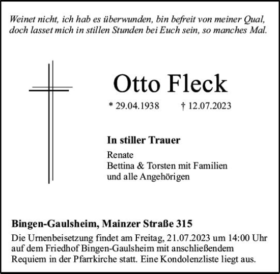 Traueranzeige von Otto Fleck von Allgemeine Zeitung Bingen/Ingelheim