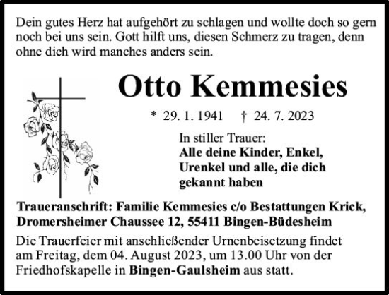 Traueranzeige von Otto Kemmesies von Allgemeine Zeitung Bingen/Ingelheim