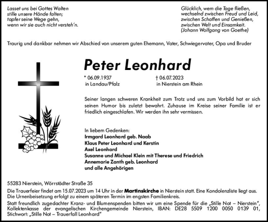 Traueranzeige von Peter Leonhard von Allgemeine Zeitung Mainz