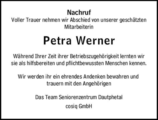 Traueranzeige von Petra Werner von Hinterländer Anzeiger