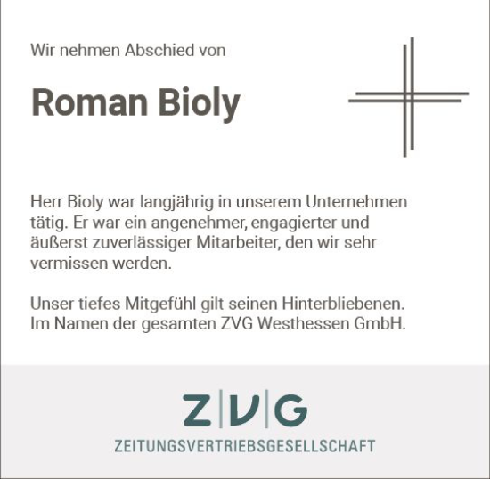 Traueranzeige von Roman Bioly von Wiesbadener Kurier