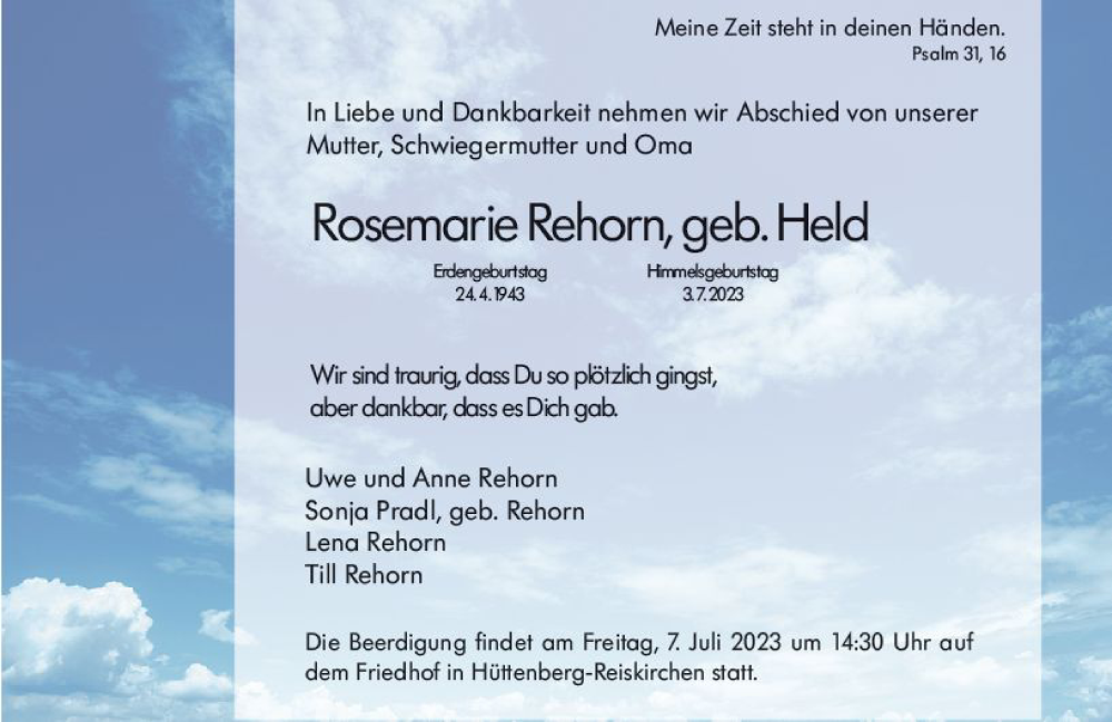  Traueranzeige für Rosemarie Rehorn vom 06.07.2023 aus Wetzlarer Neue Zeitung