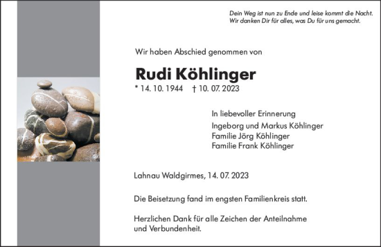 Traueranzeige von Rudi Köhlinger von Wetzlarer Neue Zeitung